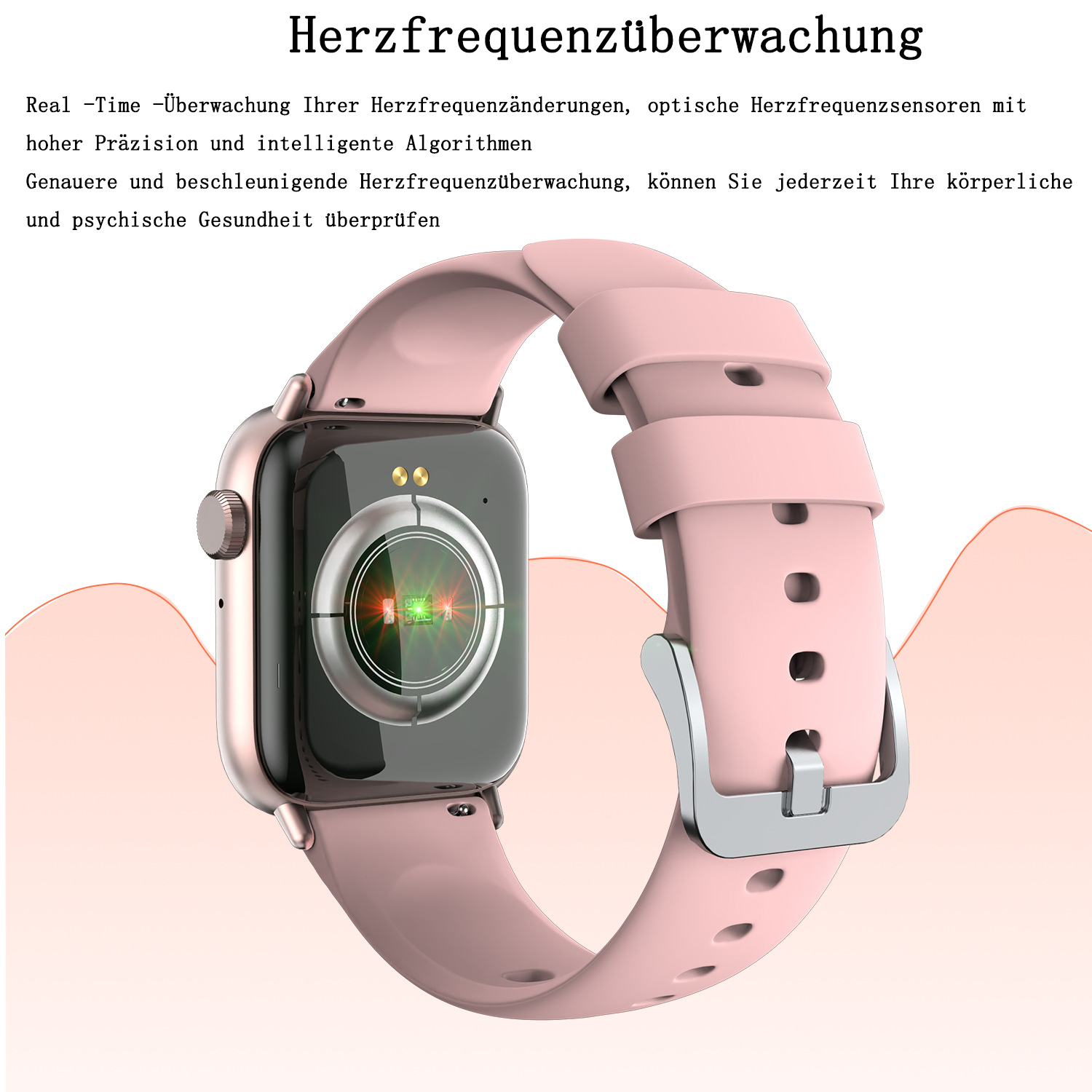 Nahaufnahme einer Smartwatch mit rosa Armband. Die Uhr zeigt eine Gesundheitsüberwachungsoberfläche. Text auf Deutsch ist ebenfalls sichtbar.