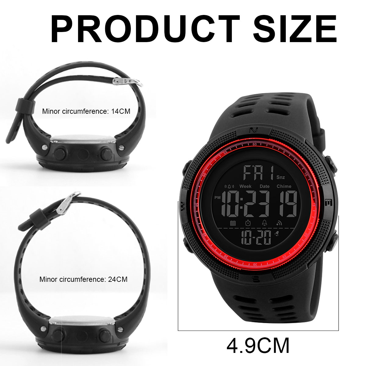 Schwarze Digitaluhr mit roten Akzenten. Zwei Uhrenarmbänder zeigen unterschiedliche Umfänge. Text: 'Produktgröße' und '4,9CM'.