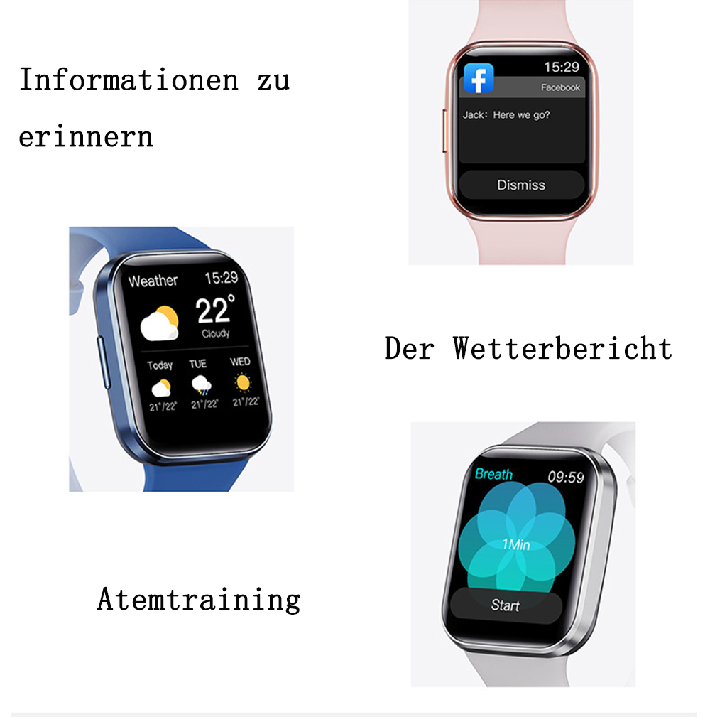 Smartwatches mit Wetter, Facebook-Benachrichtigung, Atemübungs-Oberfläche. Text: 'Informationen zu erinnern' und 'Der Wetterbericht'.