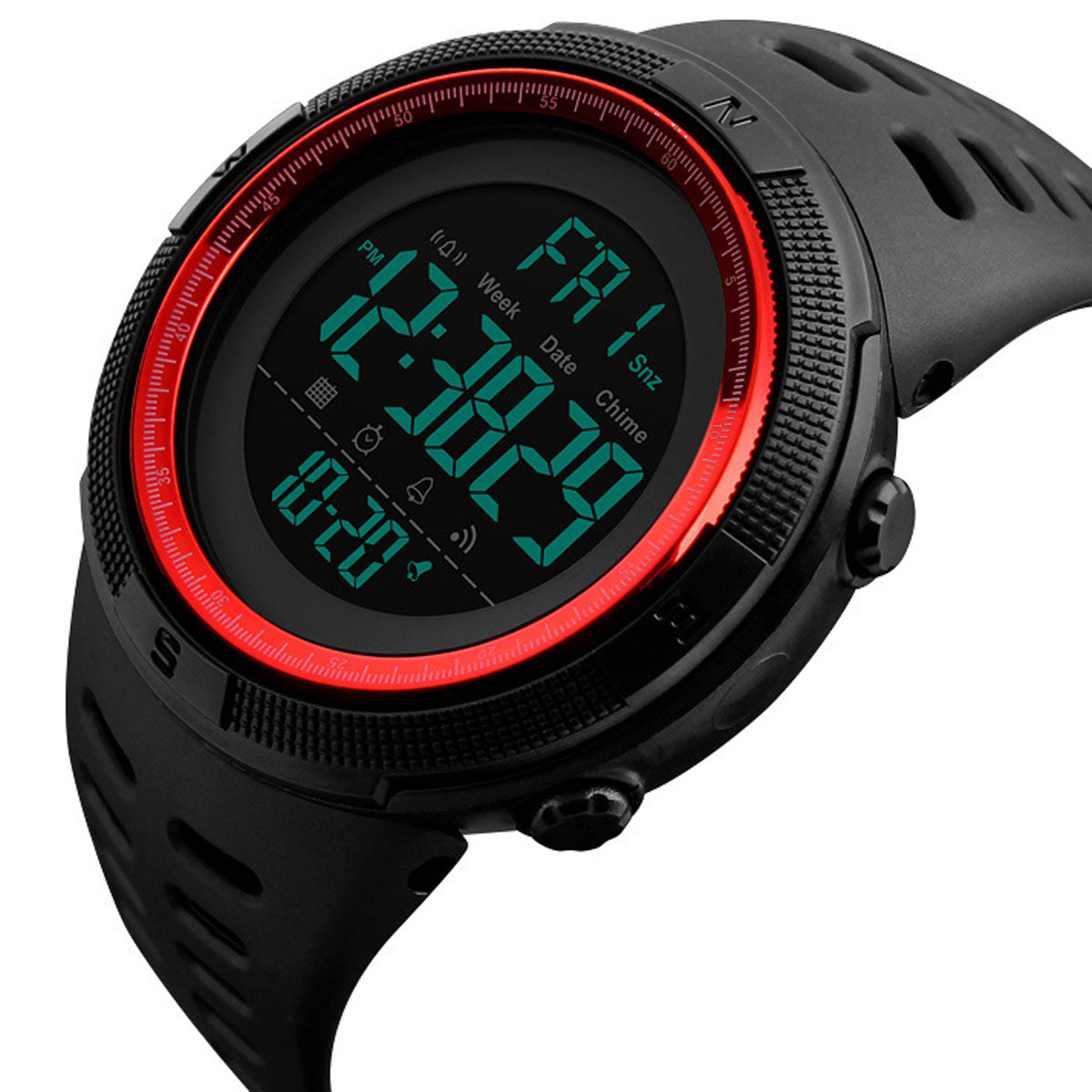 Schwarze Digitaluhr mit roten Akzenten. Zeigt Zeit, Datum und andere Funktionen an. Die Uhr befindet sich auf weißem Hintergrund.