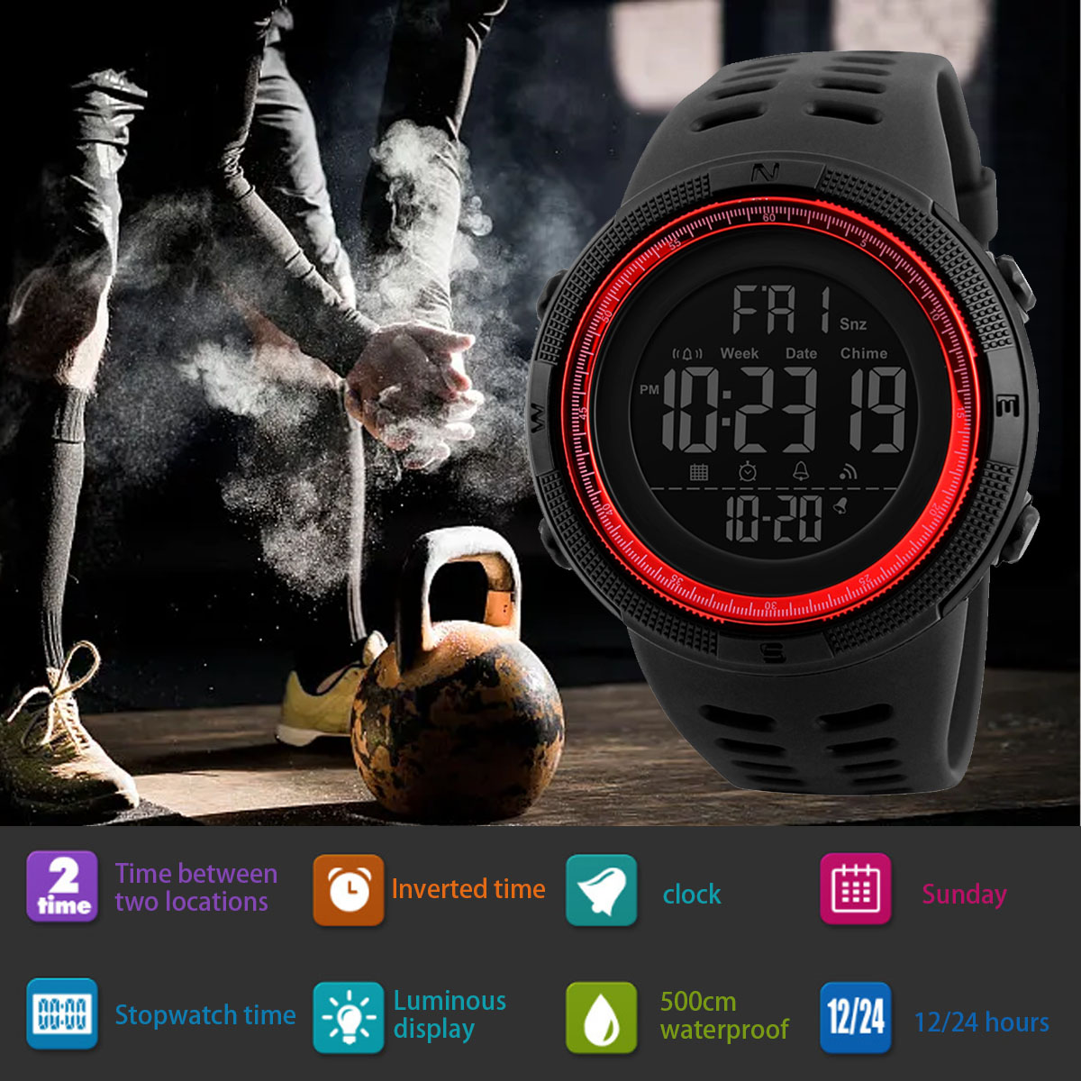 Schwarze Digitaluhr mit roten Akzenten, eine Person, die Kreide aufträgt, eine Kugelhantel und Symbole für die Uhrenfunktionen.