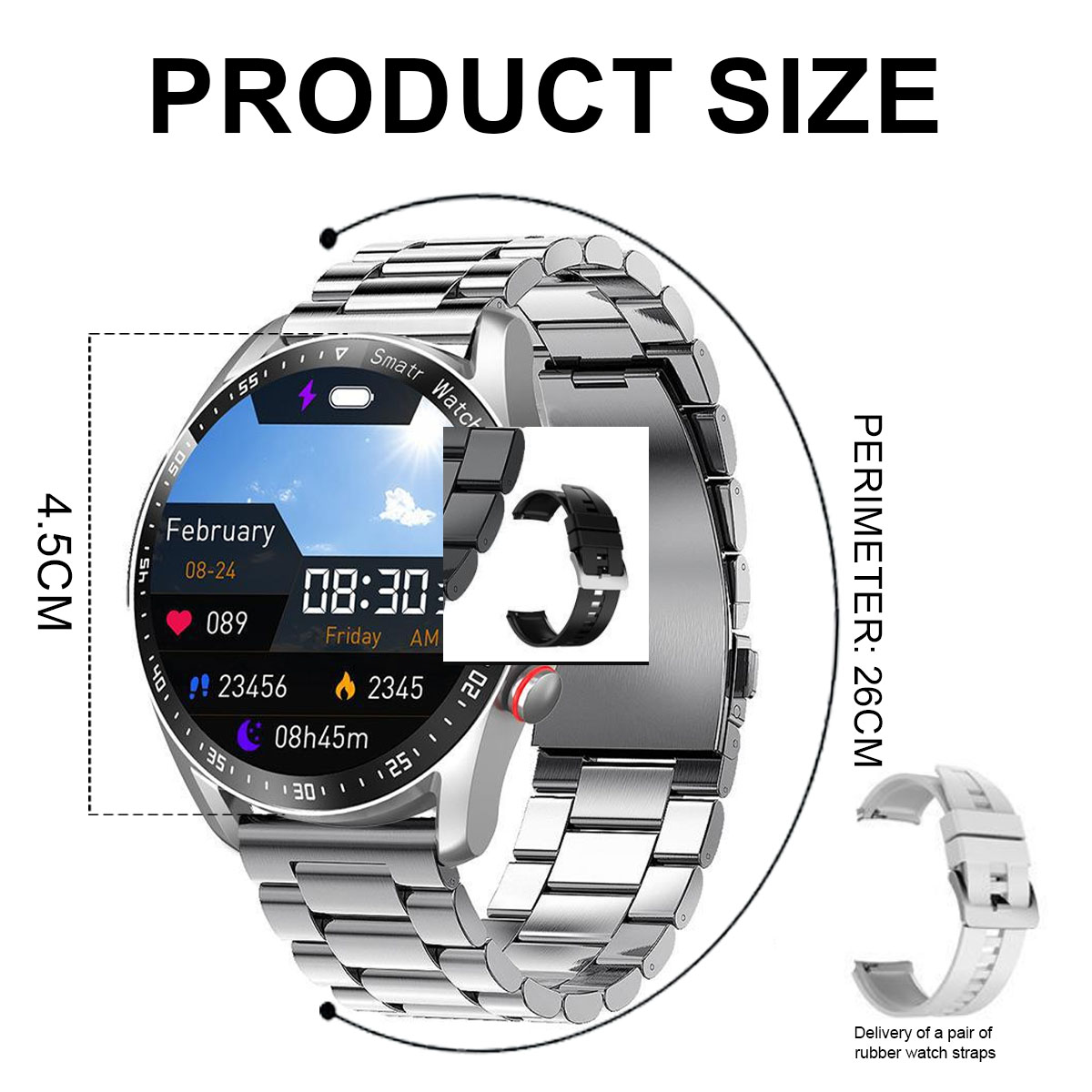 Eine Smartwatch mit Produktdetails. Sie zeigt Datum, Uhrzeit und Gesundheitsdaten an. Enthält ein Ersatzarmband und Umfangmessung.