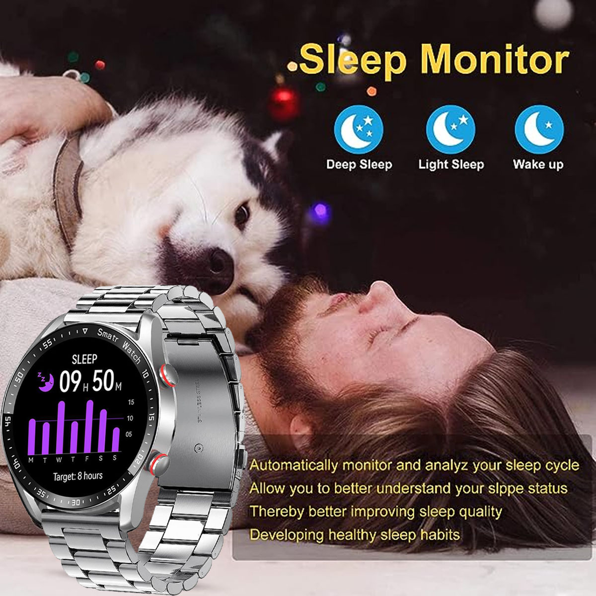 Eine Smartwatch zeigt Schlafdaten an. Im Hintergrund sind ein Mann und ein Hund zu sehen. Der Text beschreibt Schlafüberwachungsfunktionen.