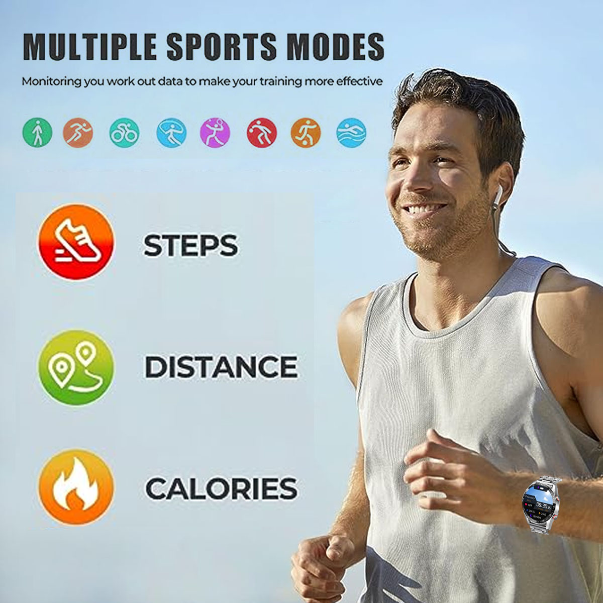 Ein Mann in einem grauen Tanktop lächelt beim Laufen. Er trägt eine Uhr und Kopfhörer. Text bewirbt Sportmodi und Trainingsdaten.