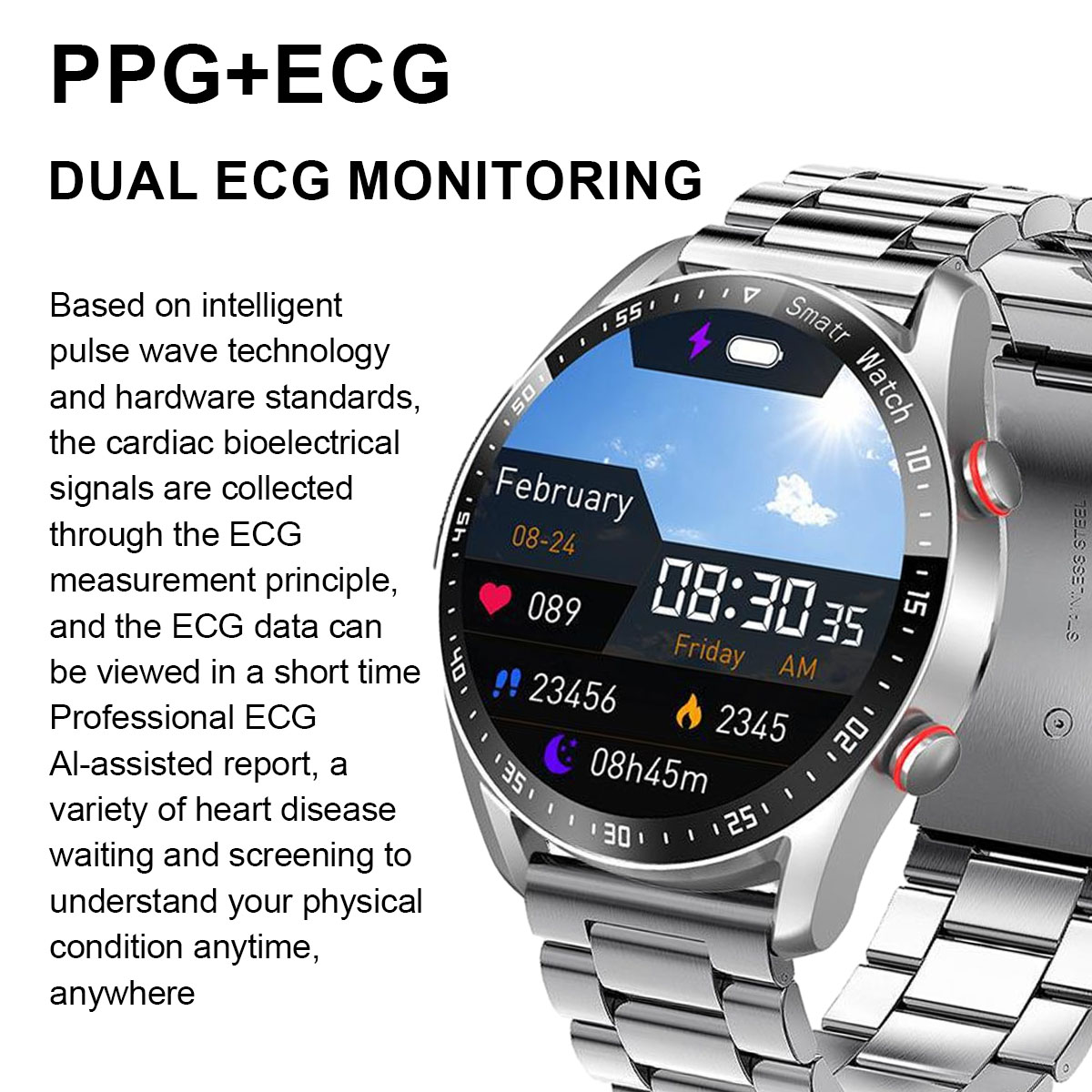 Smartwatch mit Datum, Uhrzeit und Gesundheitsmetriken. Silbernes Armband. Text: PPG+EKG Duale EKG-Überwachung.