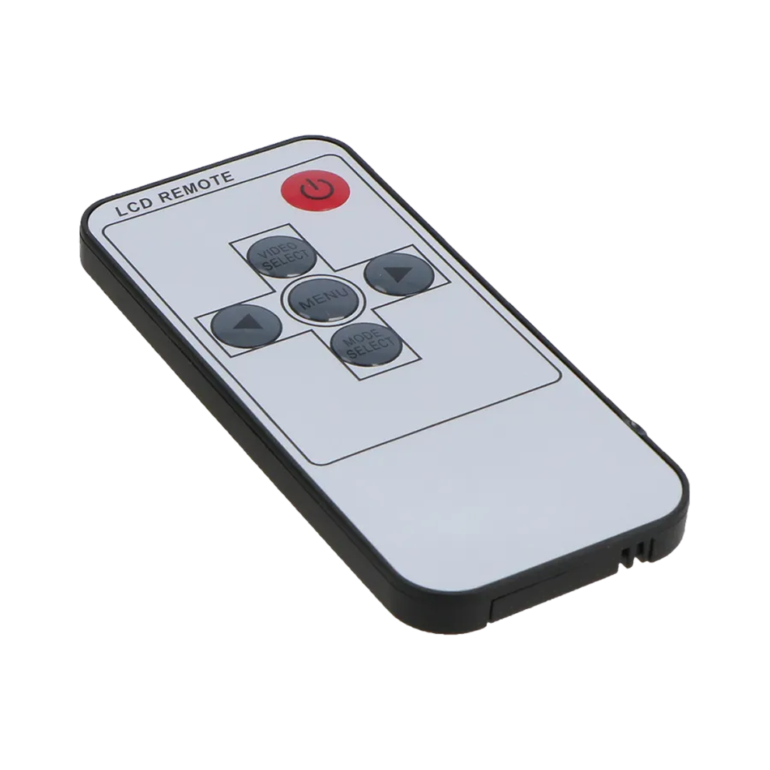 A white LCD remote control with black edges and buttons. Buttons include power, video select, menu, and mode select. Set on a black background.
