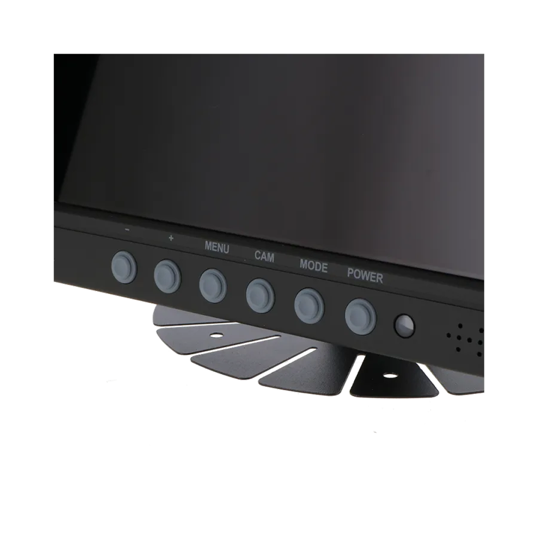 A close-up of a black monitor. Buttons labeled Menu, Cam, Mode, and Power are visible. The screen is dark, and the background is black.