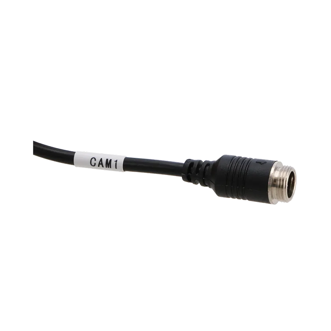 Black cable with a metal connector. The cable has a white sticker labeled 'CAM1'. The background is black.