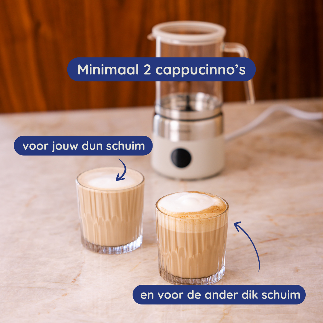 Twee cappuccino's in glazen. Een melkopschuimer staat achter. Tekst: 'Minimaal 2 cappuccino's', 'voor jouw dunne schuim' en 'en voor de andere dikke schuim'.
