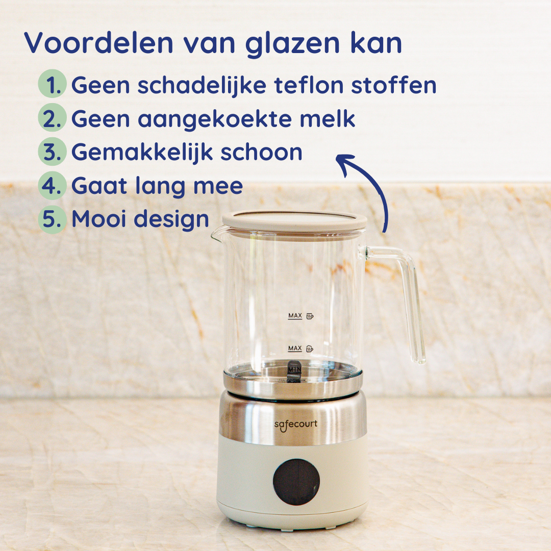 Een glazen kan met een handvat en voet. Tekst linksboven geeft de voordelen van glazen kannen aan. Nummers 1-5 sommen de voordelen op.