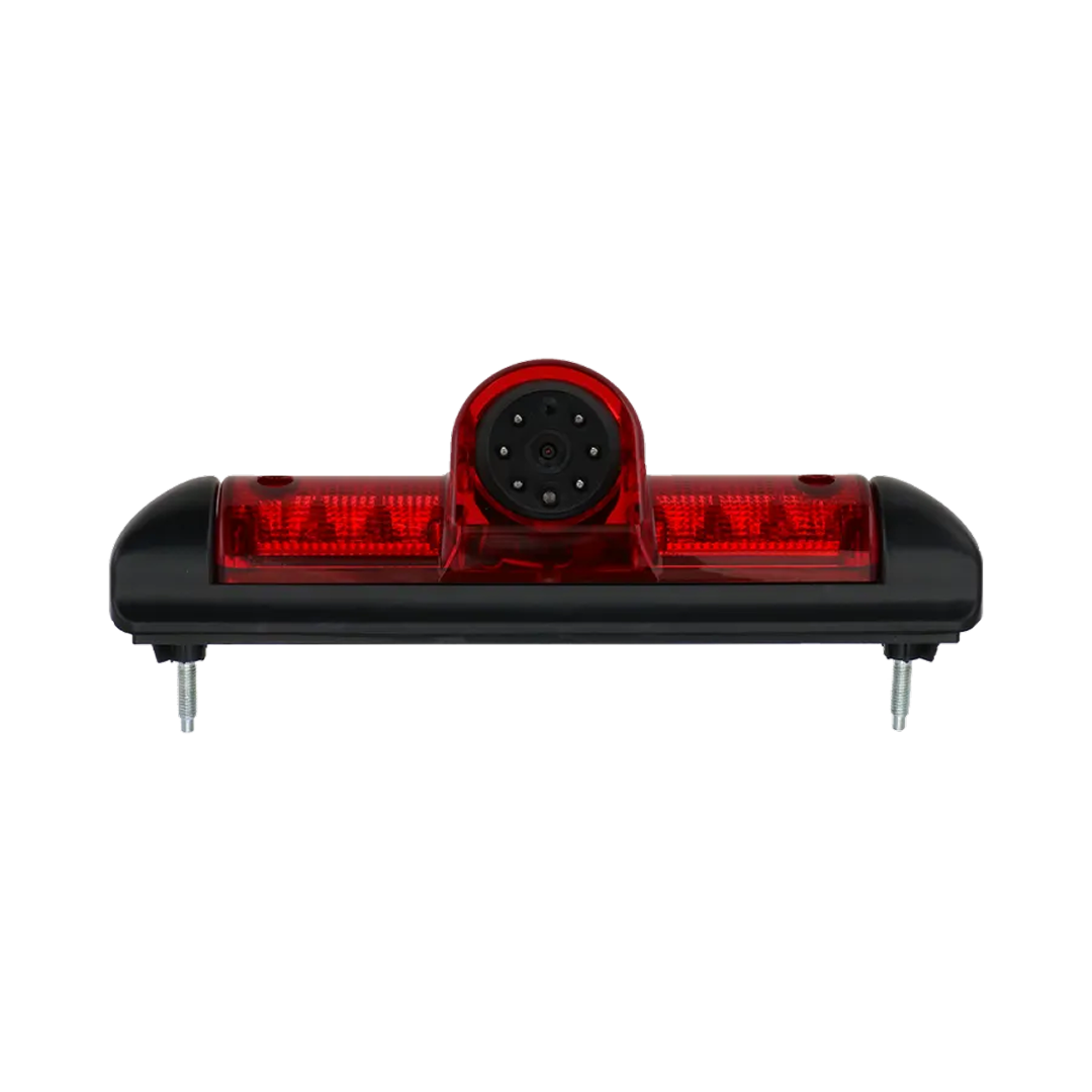 A black car camera with a red light, with silver screws on each side, on a solid black background.