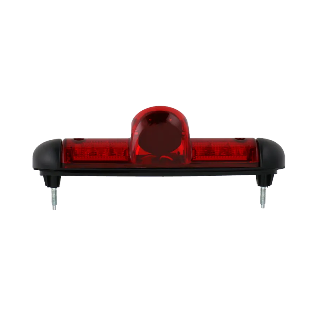 A red LED light bar with a central dome, black mounting brackets, and silver screws. The background is black.