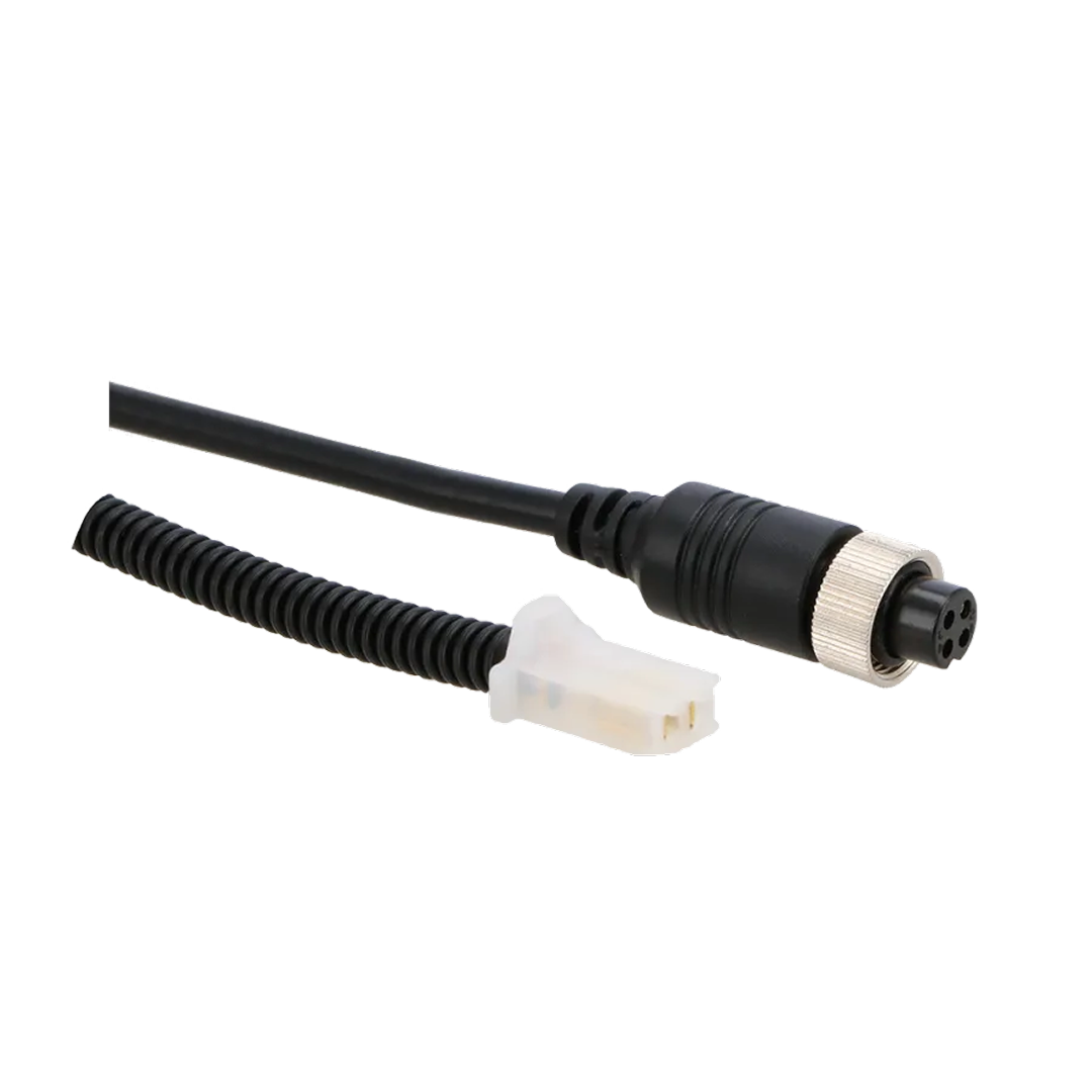 Black cable with connector. A white connector is on the left. The connector has a black body and silver ring.