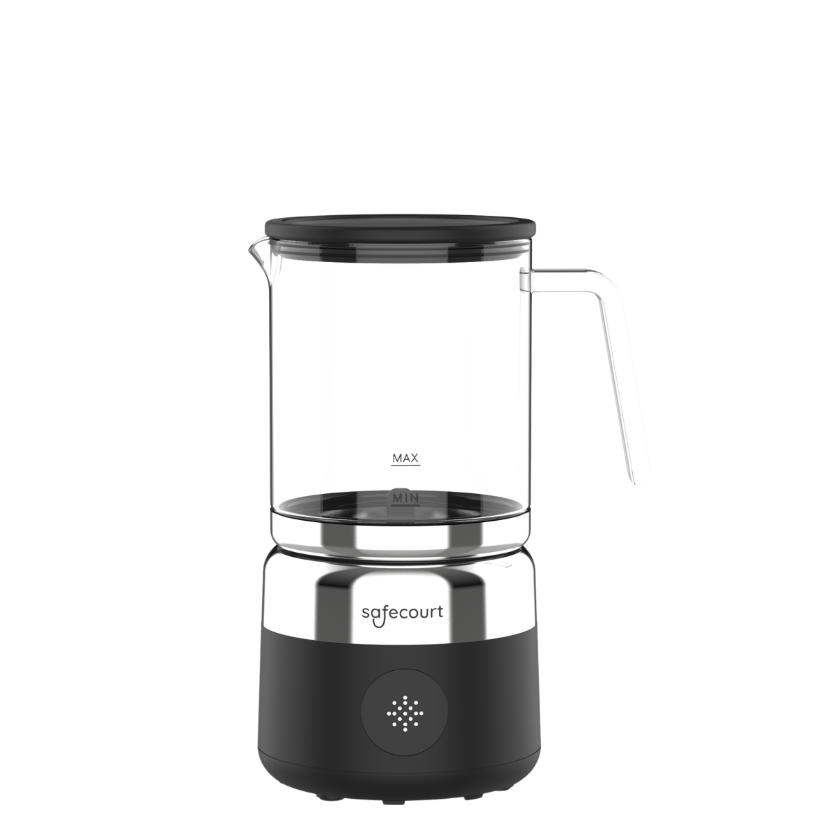 Een heldere glazen elektrische waterkoker met een zwarte basis en deksel. De waterkoker heeft een handvat en een chromen band. Het merk is safecourt.