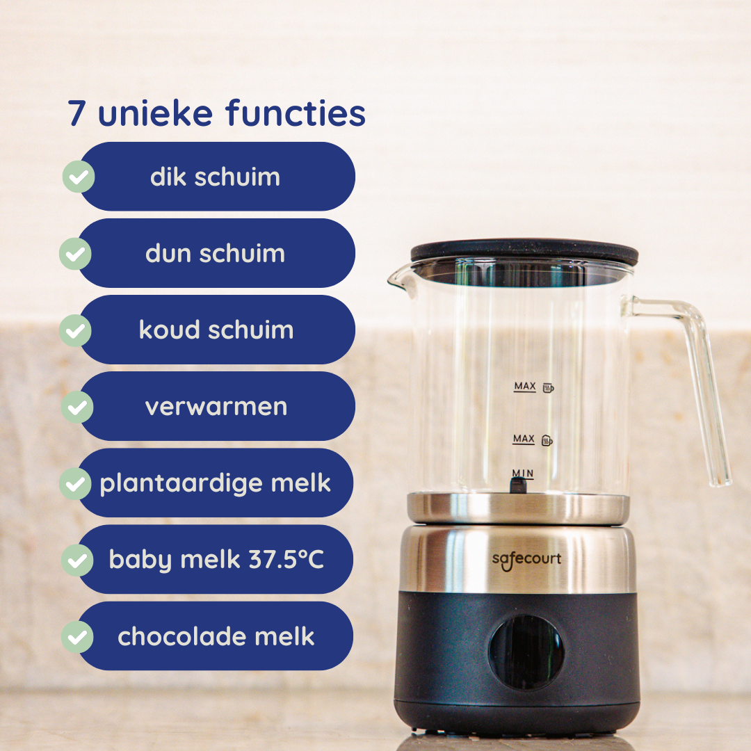 Een melkopschuimer met 7 functies, waaronder dik schuim en warme melk. Labels geven functies weer. De opschuimer staat op een aanrecht.