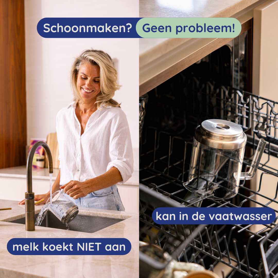 Vrouw die een glas met water vult, de andere kant toont een glazen voorwerp in een vaatwasser. Tekst zegt: 'Schoonmaken? Geen probleem!'