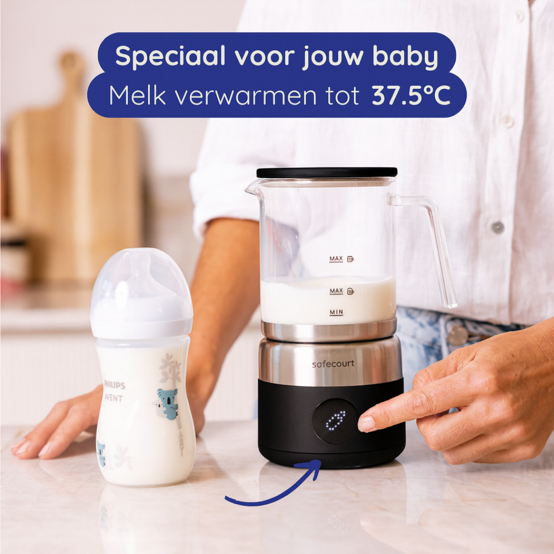 Een babyfles en een melkwarmer met melk erin. Een hand wijst naar de warmer, de tekst zegt 'melk verwarmen tot 37,5°C'.