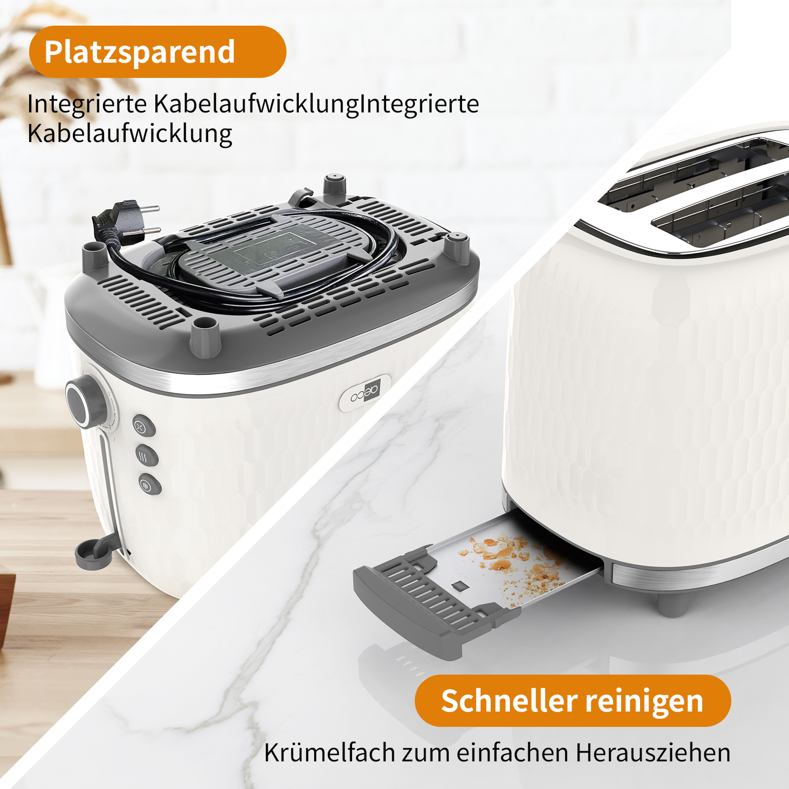Weißer Toaster mit Krümelschublade, Stecker und Kabel. Es hat eine integrierte Kabelaufwicklung. Hintergrund ist Marmor.