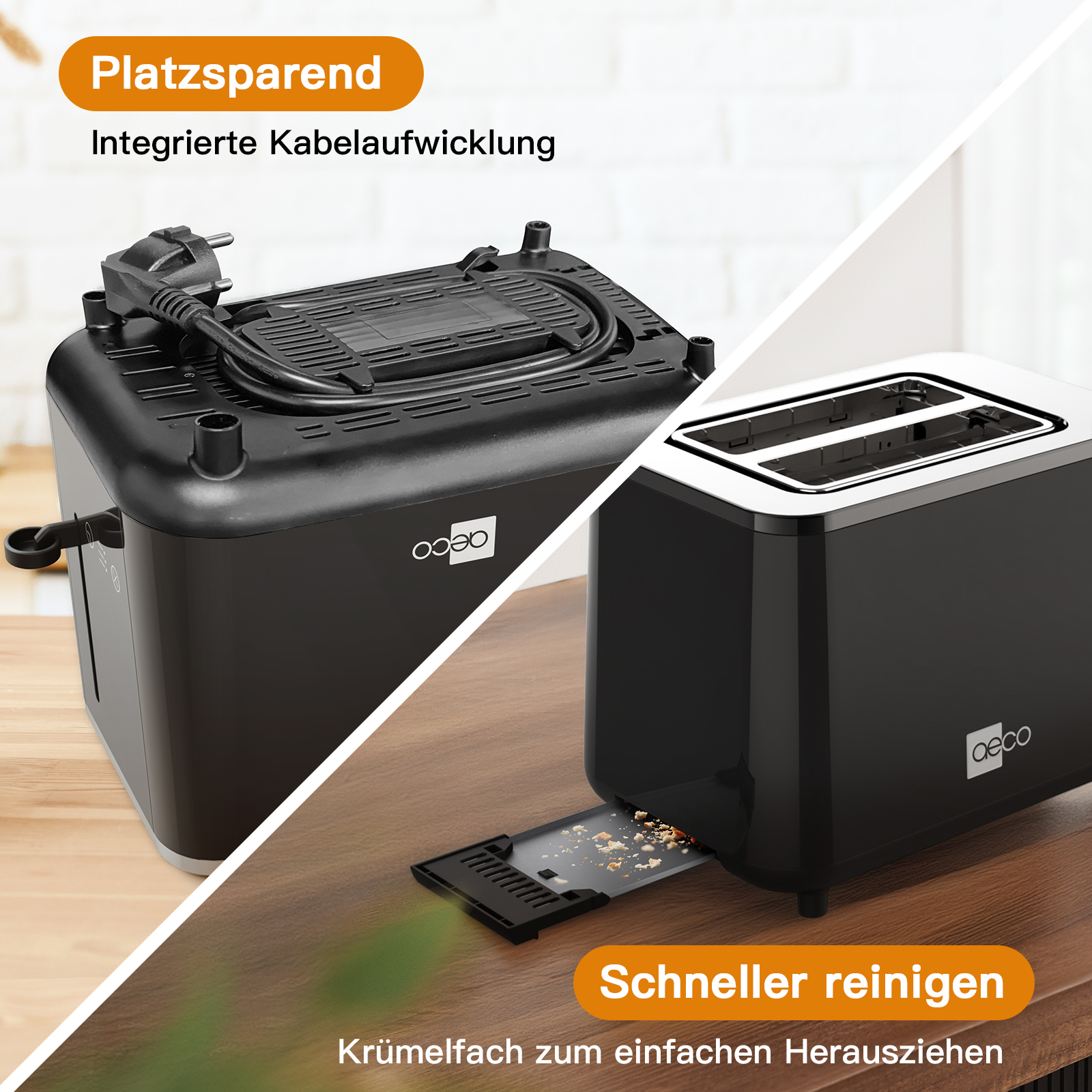 Ein schwarzer Toaster mit Kabel. Die Krümelschublade ist geöffnet. Der Toaster steht auf einer Holzoberfläche. Text: Platzsparend und Schneller reinigen.