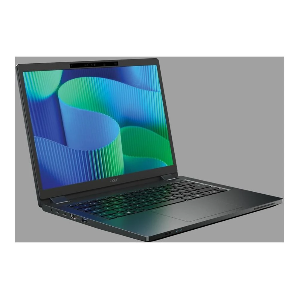Un laptop Acer nero è visualizzato ad angolo. Lo schermo mostra onde astratte blu e verdi. La tastiera è visibile.
