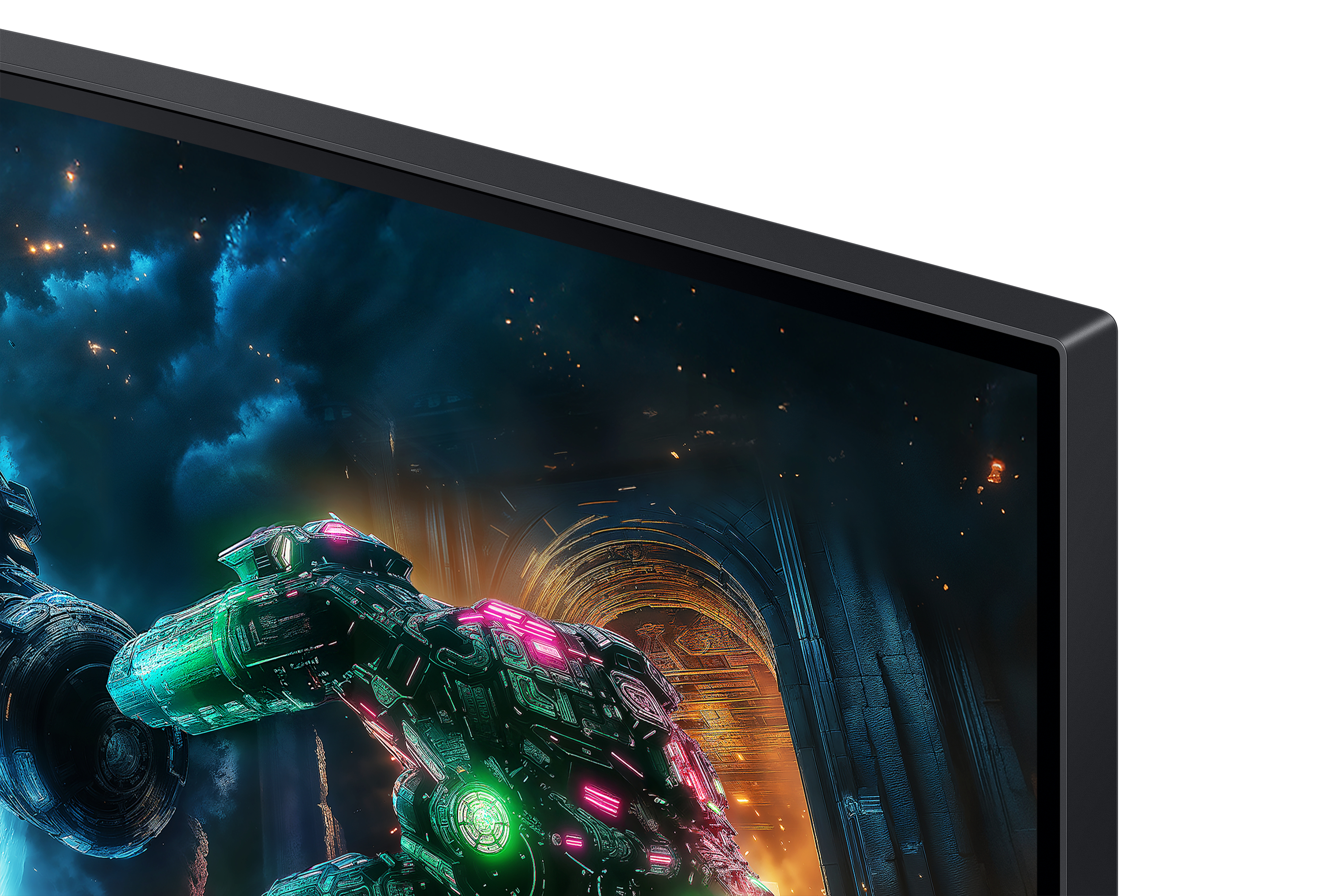 Ekran pokazuje futurystyczną scenę z statkiem kosmicznym, neonami i ciemnym, pochmurnym niebem.