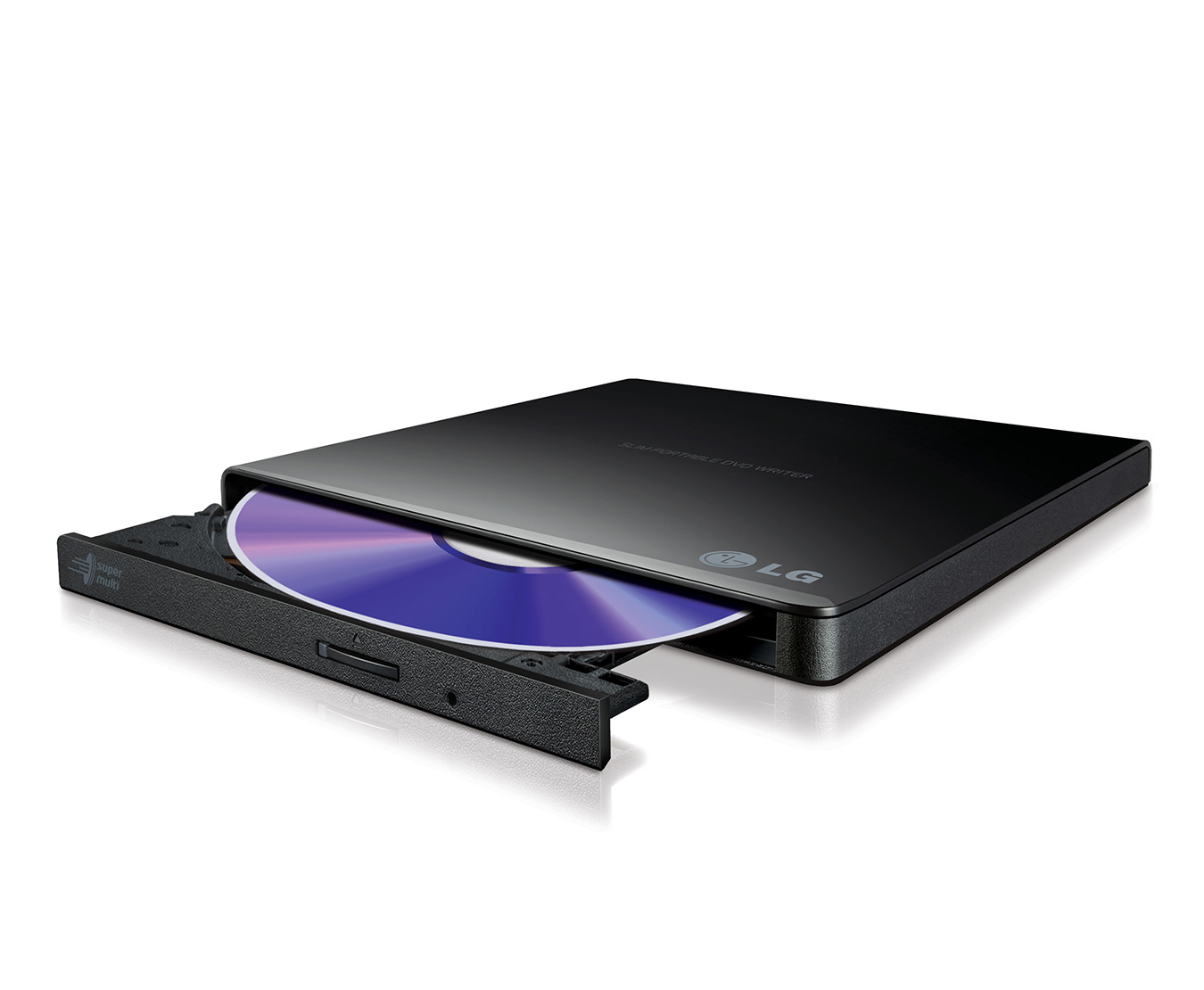 Ein schwarzer, tragbarer LG-DVD-Brenner mit einer CD. Die CD ist blau und lila. Das Gerät steht auf einer weißen Oberfläche.