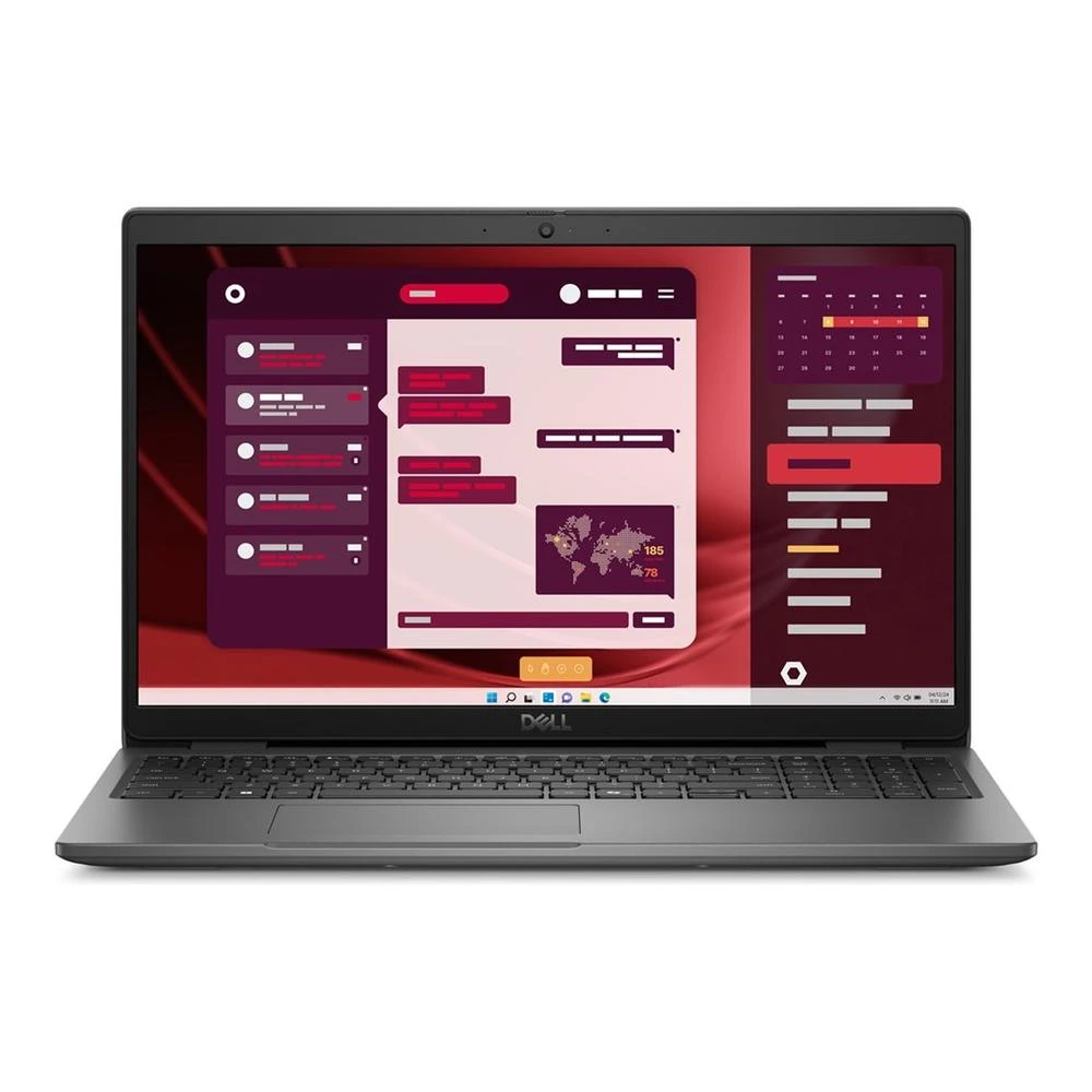 Una laptop Dell muestra una interfaz de usuario con visualizaciones de datos, incluyendo un mapa mundial y un calendario. La laptop está abierta.