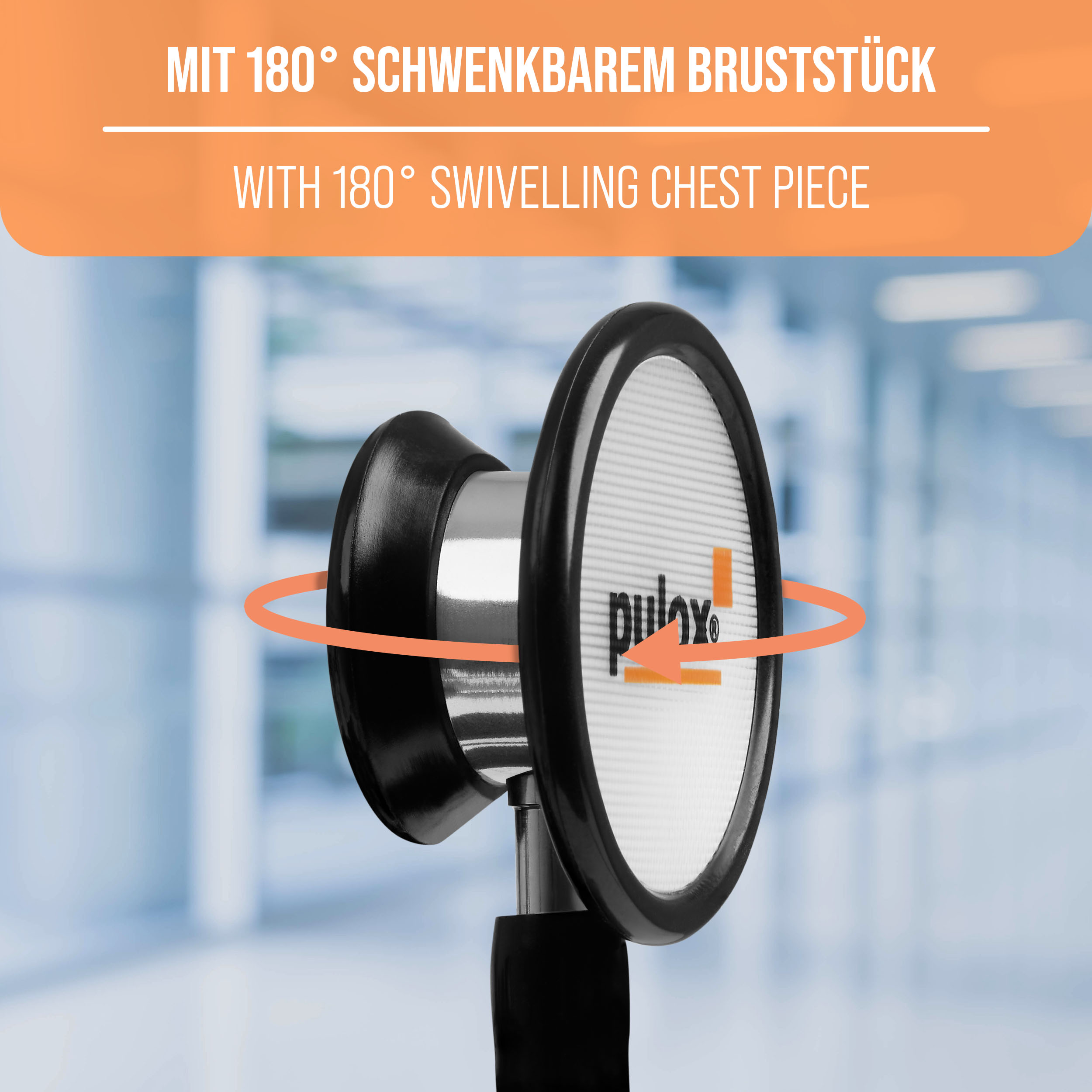 Ein Stethoskop mit drehbarem Bruststück. Der Text oben lautet: mit 180° schwenkbarem Bruststück.