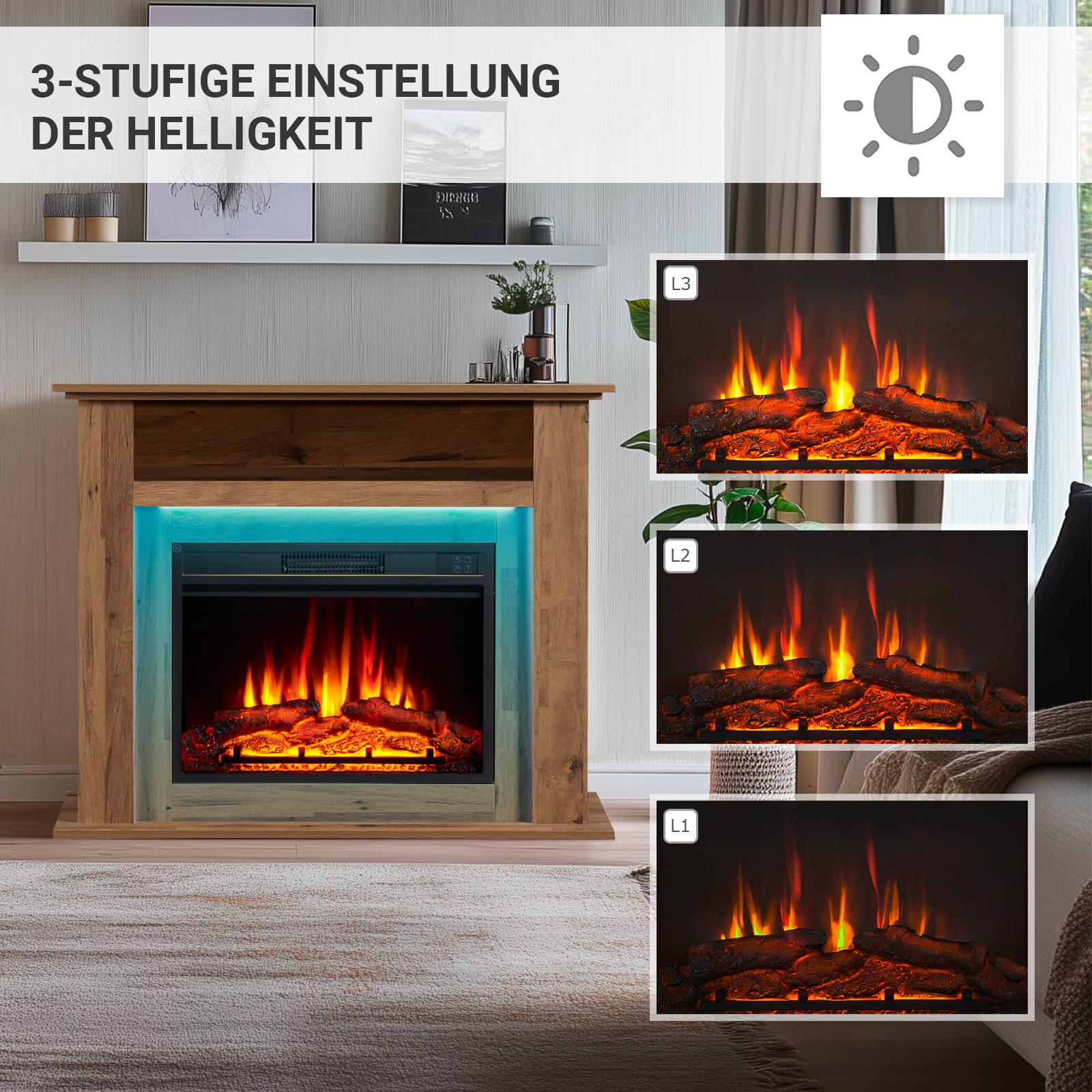 Ein Holzkamin mit simuliertem Feuer. Es werden drei Helligkeitseinstellungen angezeigt. Der Hintergrund umfasst ein Fenster und ein Sofa.