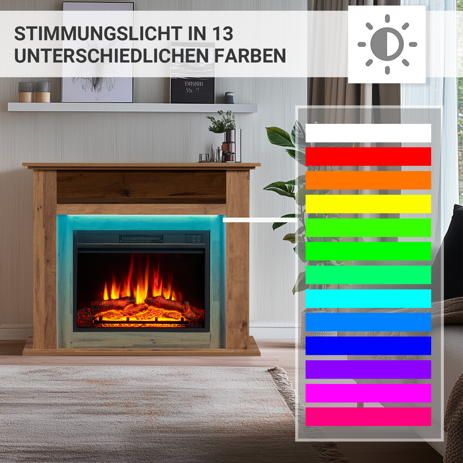 Kamin mit Flammen. Holzrahmen. 13 Farboptionen für die Beleuchtung werden gezeigt. Ein Teppich befindet sich im Vordergrund.