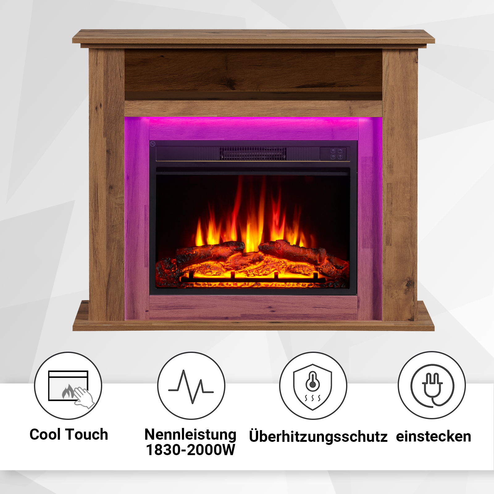 Ein Holzkamin mit einem leuchtenden Feuereffekt. Er hat ein lila Licht und vier Symbole unten.
