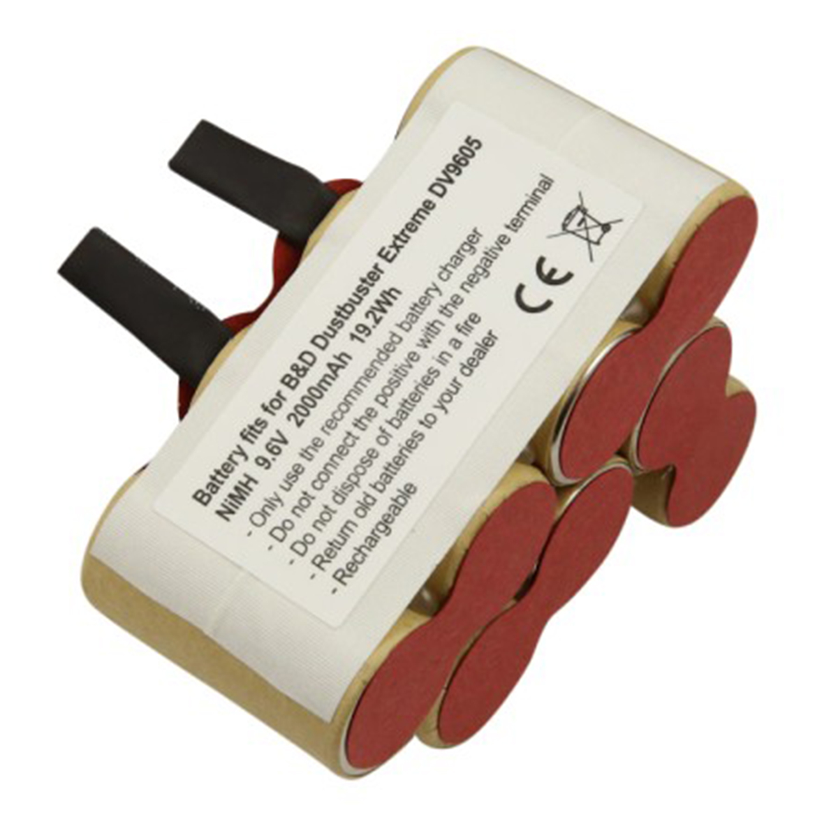 Un pacco batteria per un B&D Dustbuster. Ha un'etichetta con specifiche e avvertenze. Il pacco è beige con estremità rosse e terminali neri.