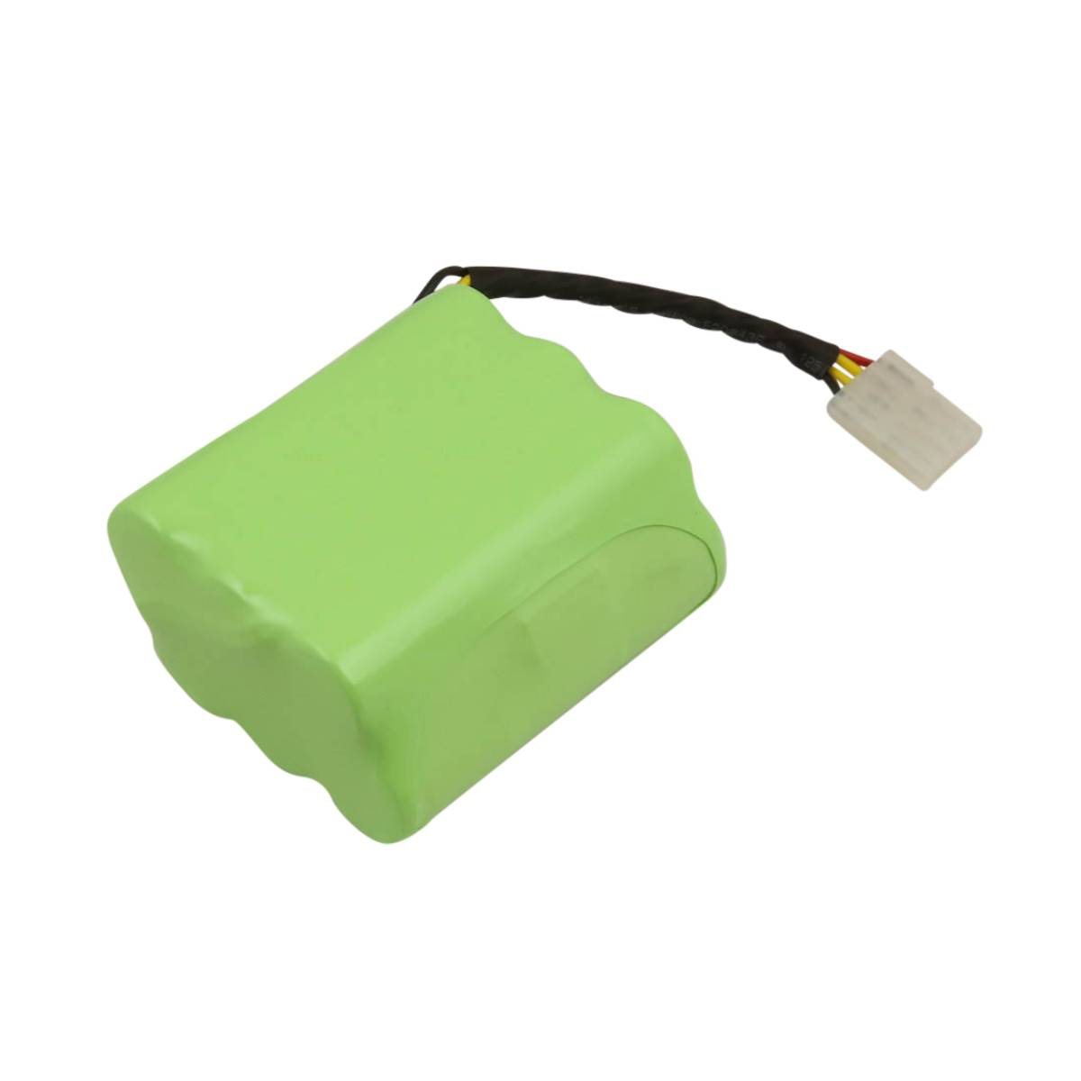 Un pacco batteria verde con filo nero e connettore bianco su sfondo bianco.