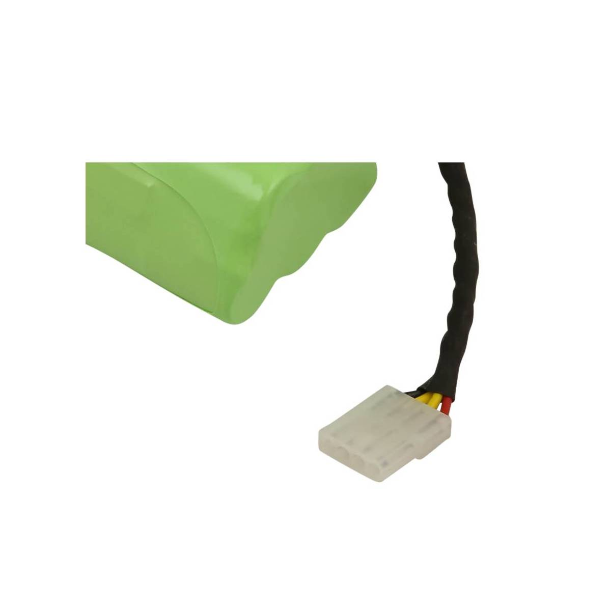 Un pacco batteria verde con un filo nero e un connettore bianco. I fili sono rosso, giallo, nero. Lo sfondo è bianco.