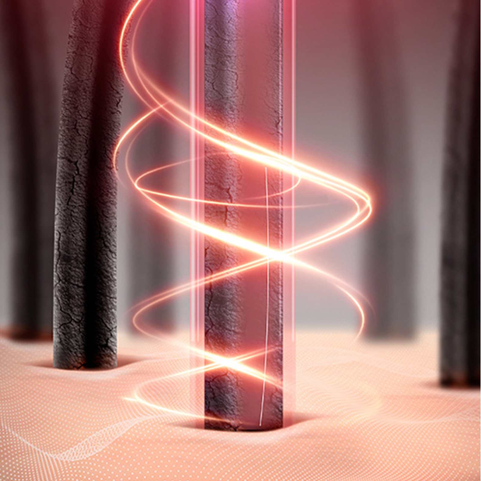 Nahaufnahme von Haarsträhnen mit einem leuchtenden roten Lichteffekt. Hautähnliche Oberfläche im Vordergrund, grauer Hintergrund.