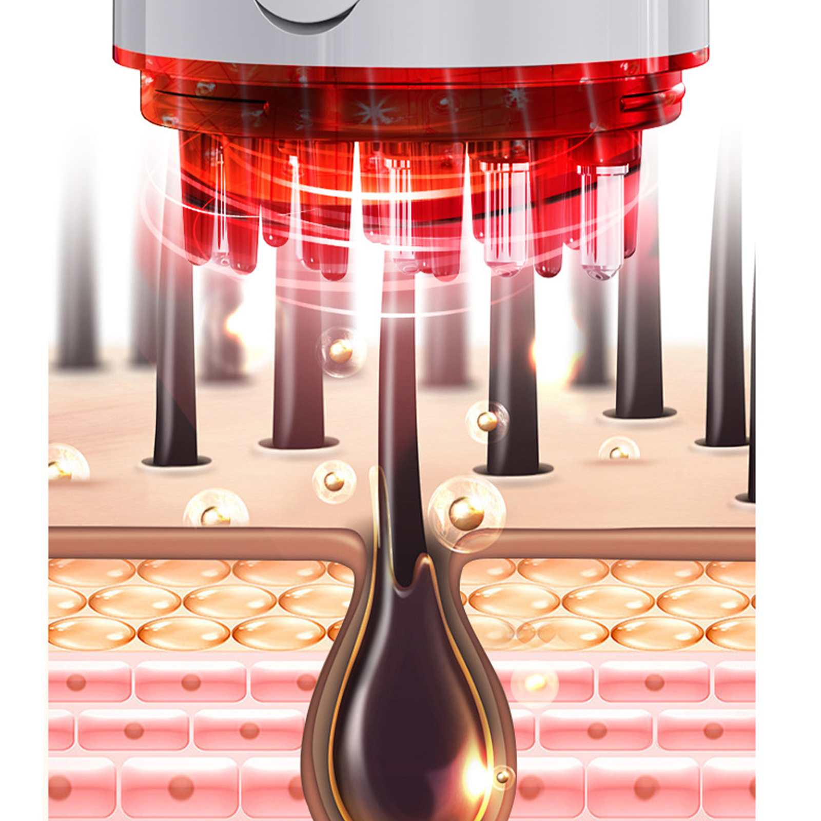 Diagramm eines Haar-Behandlungsgeräts, das Serum auf die Haut aufträgt. Rotes Gerät mit Röhrchen, schwarze Haare, Hautschichten und Serumtröpfchen.