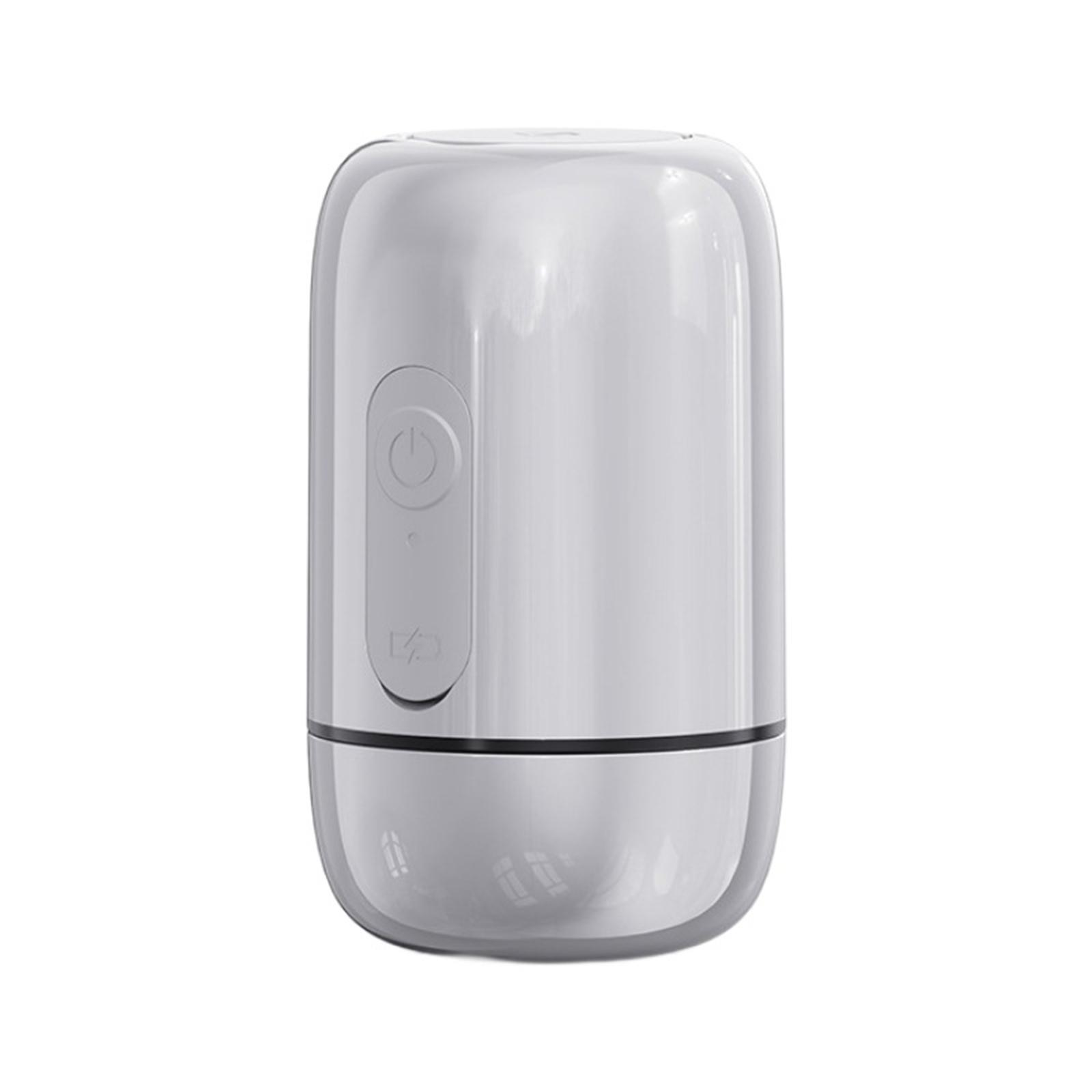 Ein weißes, zylindrisches Gerät mit Ein-/Aus-Taste und Batteriestandsanzeige. Schwarze Linie trennt oben und unten.