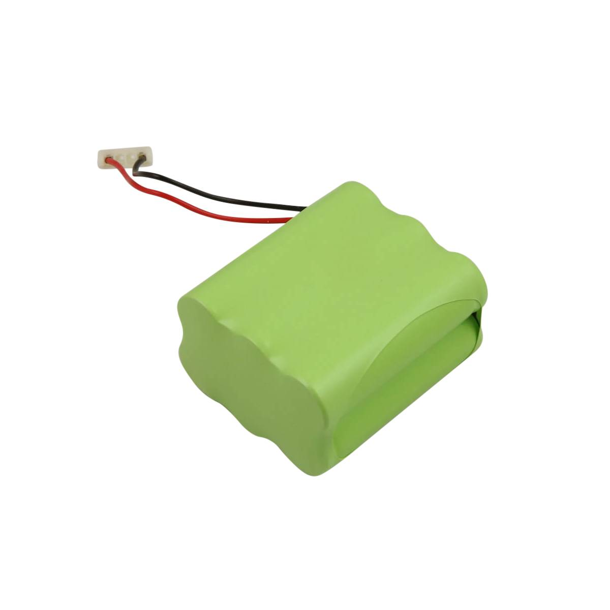 Ein grünes Akku-Pack mit schwarzen und roten Drähten, die von einem weißen Stecker ausgehen. Der Hintergrund ist weiß.