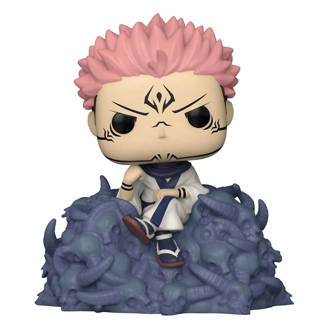 Eine Funko Pop-Figur eines Charakters mit pinken, stacheligen Haaren und schwarzen Markierungen, sitzend auf einem lila schädelbedeckten Sockel.