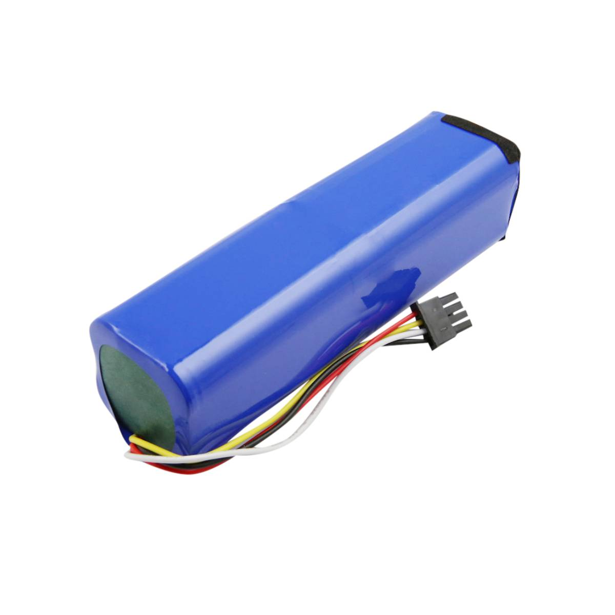 Un pacco batteria rettangolare blu con un connettore nero e fili colorati che si estendono dalla sua estremità, isolato su sfondo bianco.