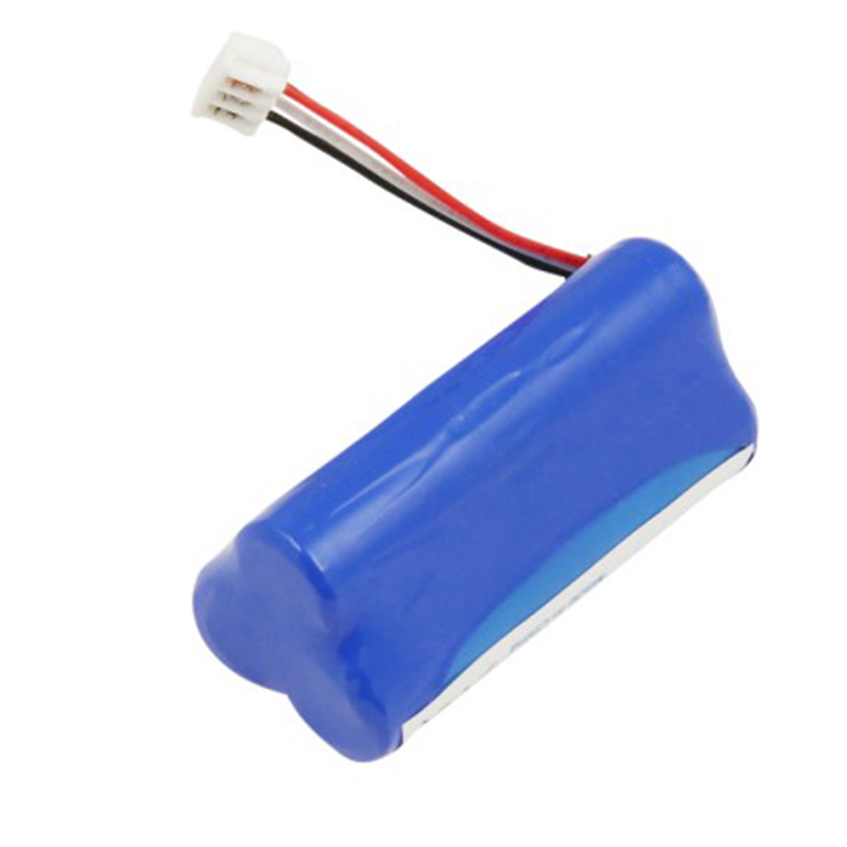 Ein blauer Akku mit weißem Stecker und Drähten. Die Batterie ist zylindrisch mit abgerundeten Kanten. Drähte sind rot, schwarz und weiß.