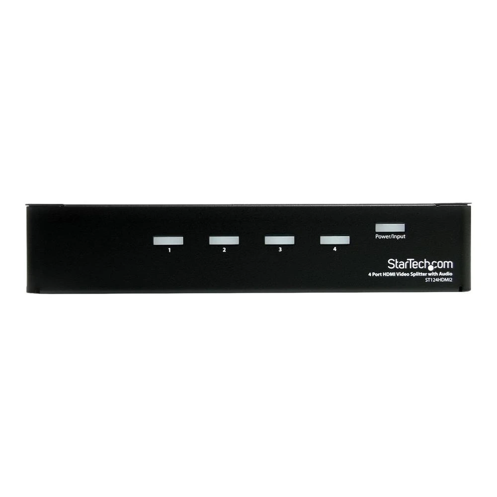 Divisor HDMI StarTech negro. Tiene 4 puertos de entrada numerados, entrada de alimentación y logotipo de la empresa. Fondo blanco.