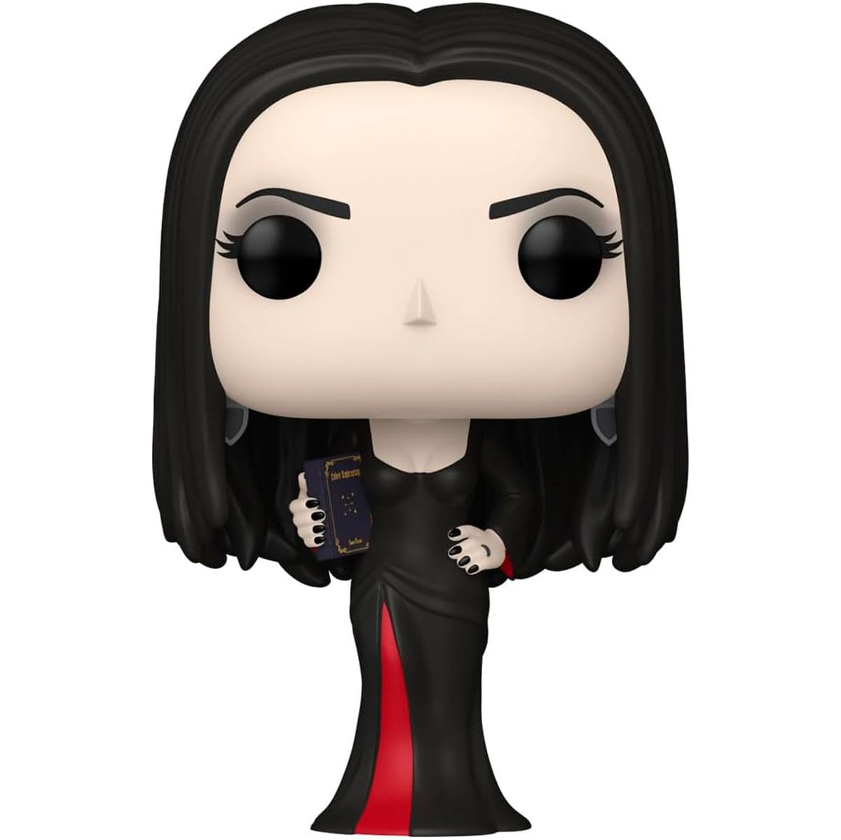 Figurka Funko Pop Morticii Addams. Ma na sobie czarną sukienkę z czerwonym paskiem i trzyma książkę. Ma czarne włosy i oczy.