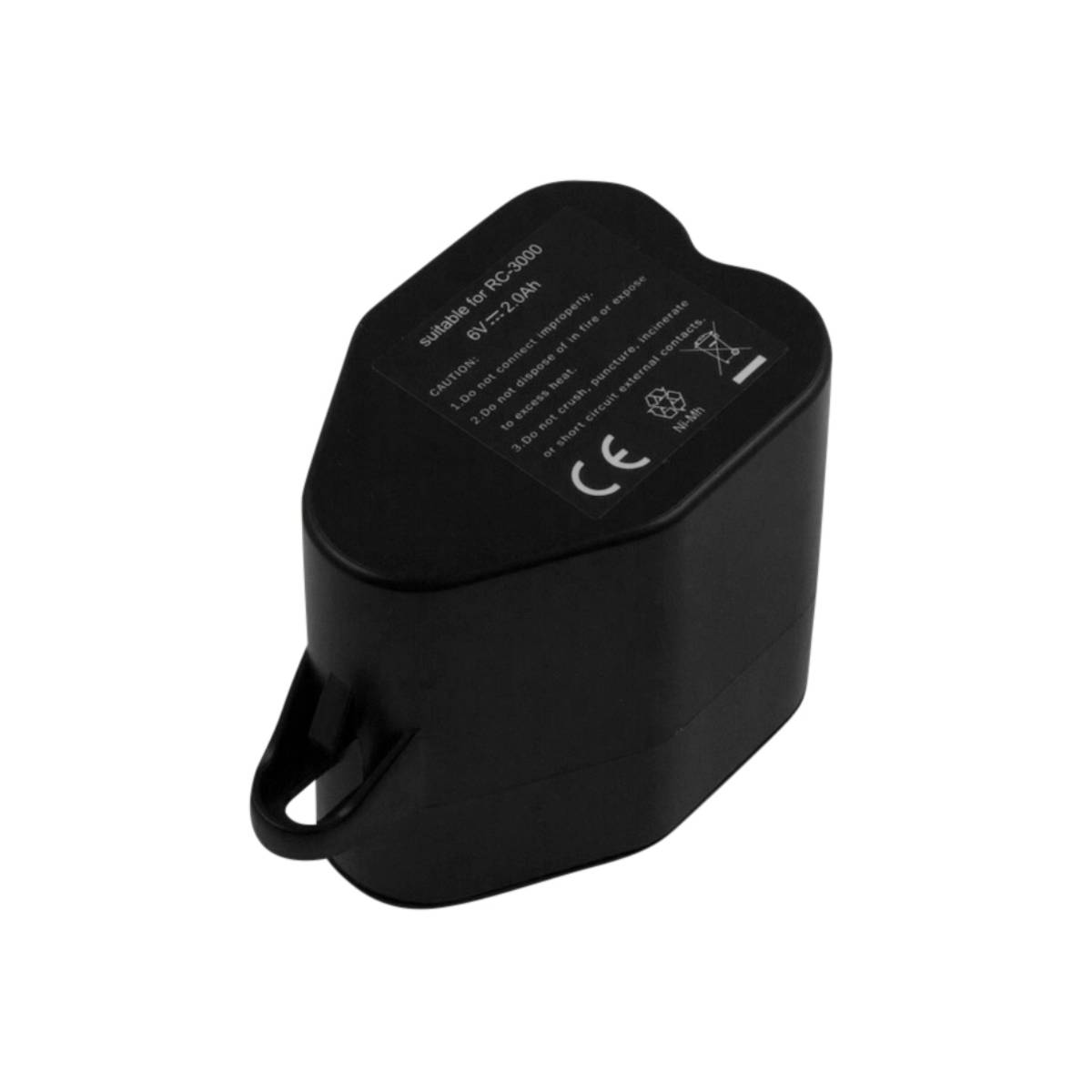 Una batteria nera con testo bianco. Il testo recita 'adatto per RC-3000 6V 2.0Ah'. Sono elencate anche le avvertenze.