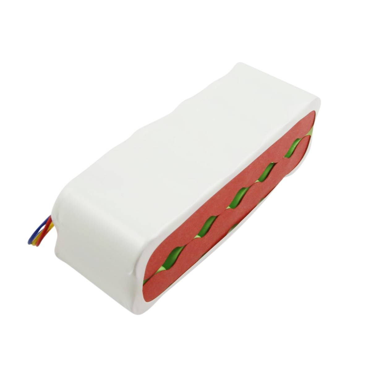 Un pacco batteria rettangolare bianco con inserti rossi e verdi. Fili blu, gialli e rossi sporgono dal lato.