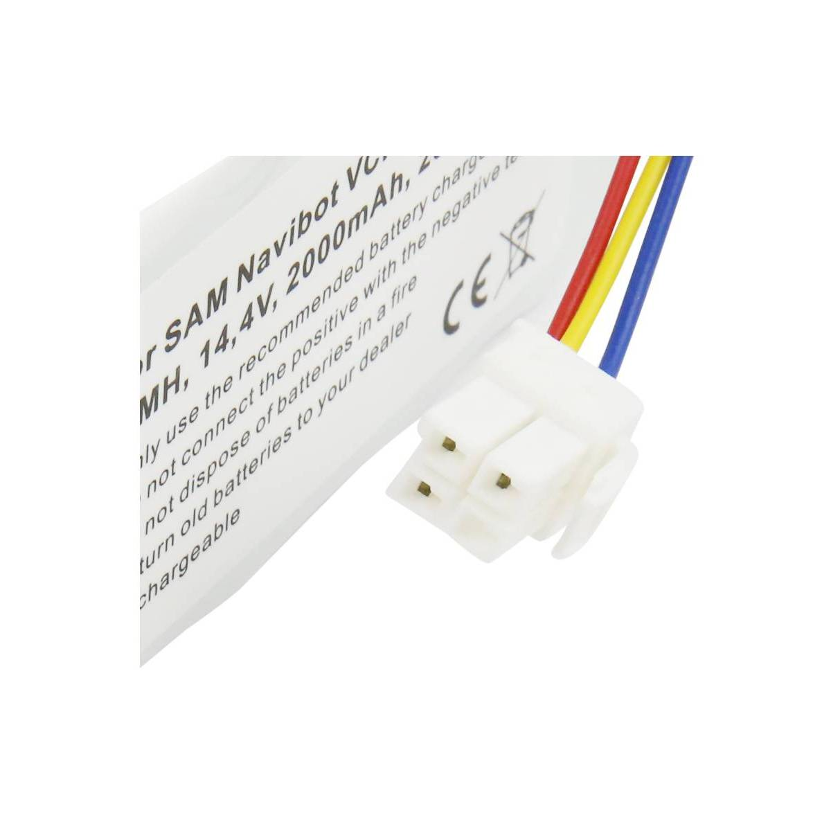 Un pacco batteria bianco con testo e fili colorati. Il testo dice 'SAM Navibot VL'. I fili sono rossi, gialli e blu.