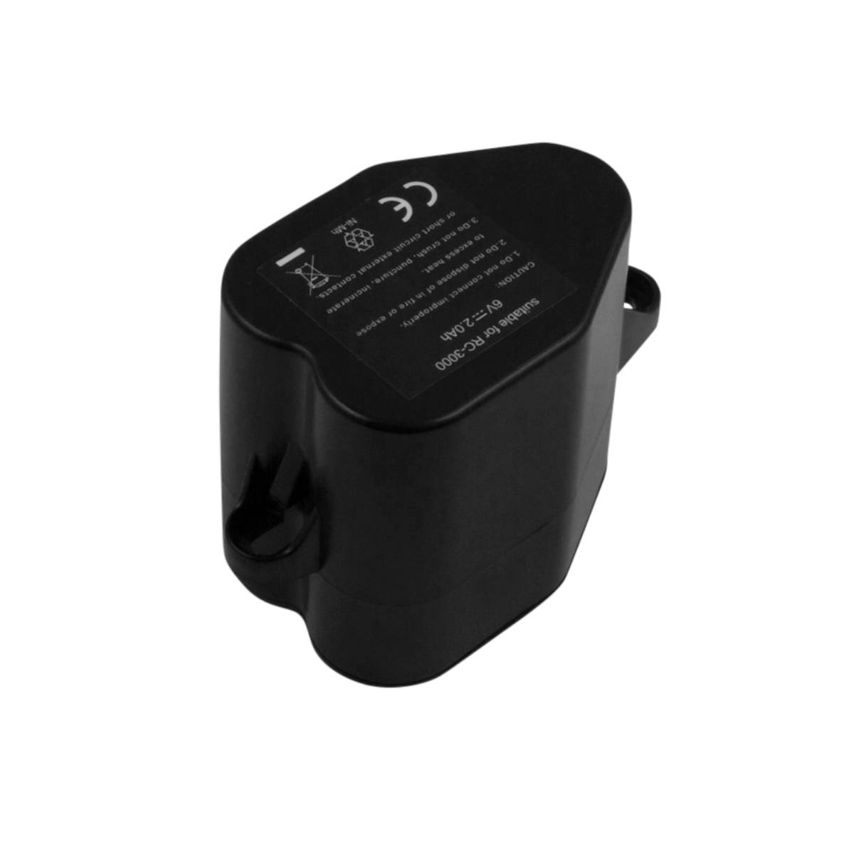 Un pacco batteria nero con testo bianco. Ha un marchio CE e avvertenze di sicurezza.