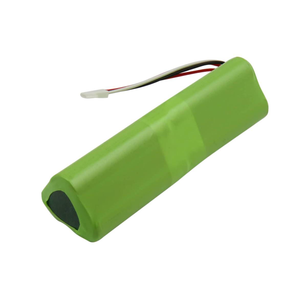 Una batteria cilindrica verde con estremità nera. Ha tre fili: bianco, rosso e nero. Lo sfondo è bianco.