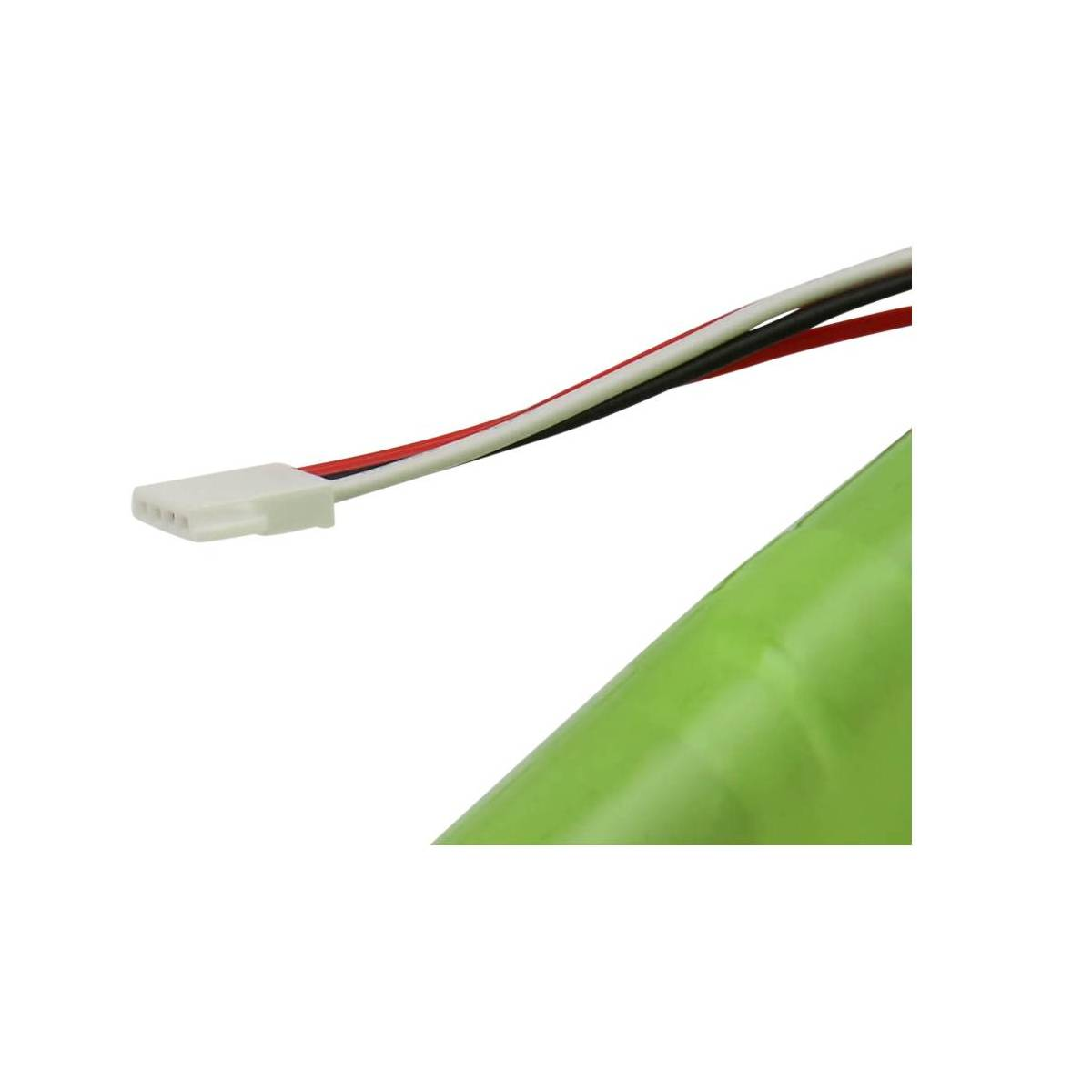 Un cilindro verde con un connettore bianco e fili colorati (rosso, nero, bianco) su sfondo bianco.