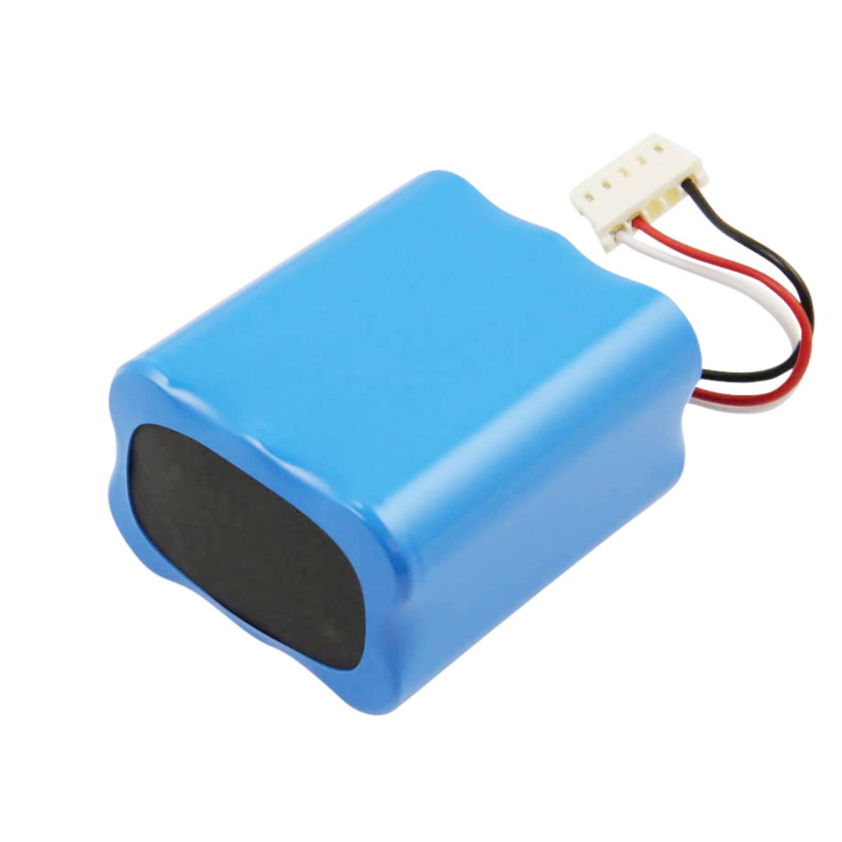Una batteria blu rettangolare con un'estremità nera e un connettore bianco con fili rossi, neri e bianchi.